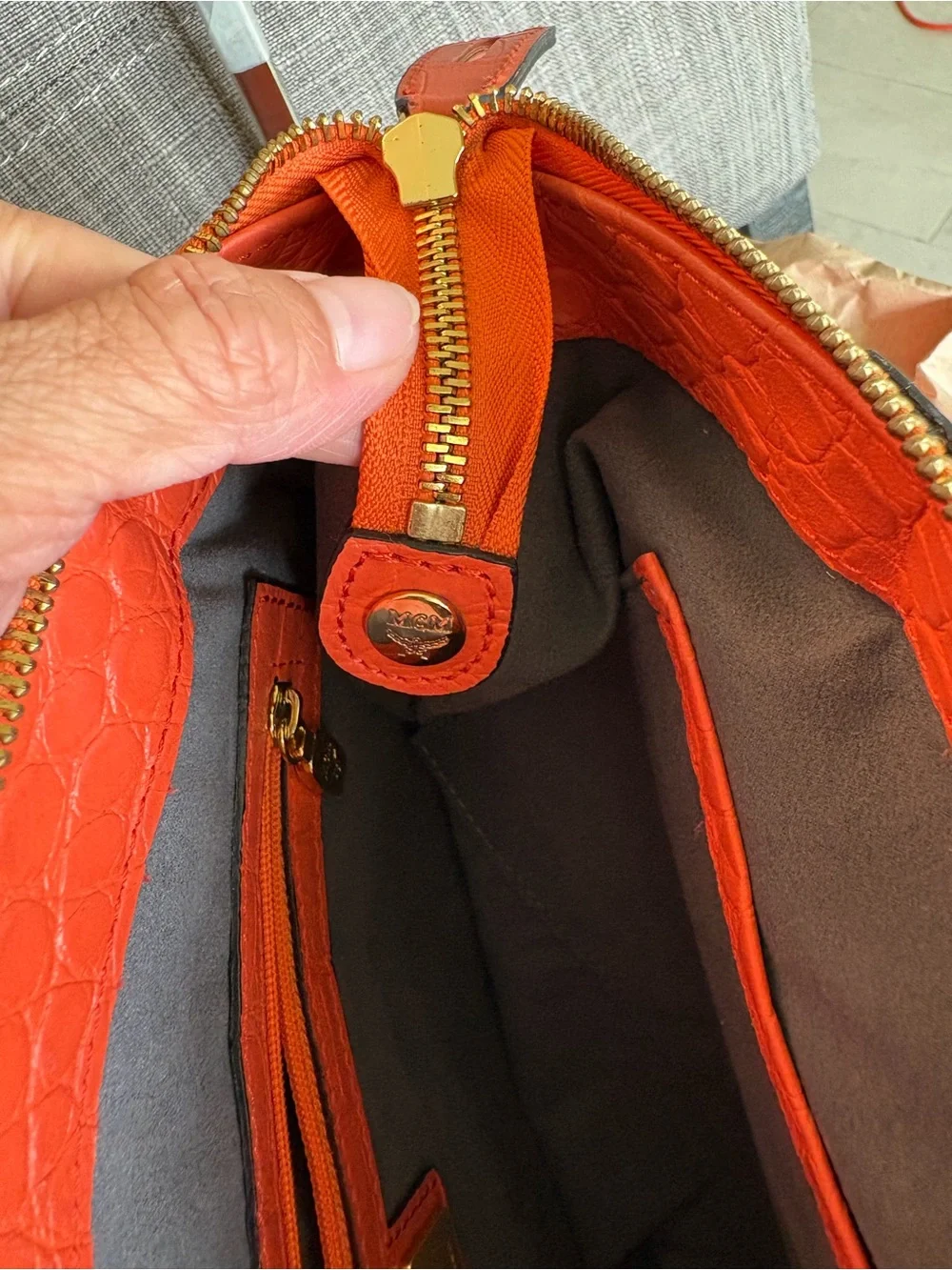 Mcm Orange Croc-Embossed Leather Tote Bag